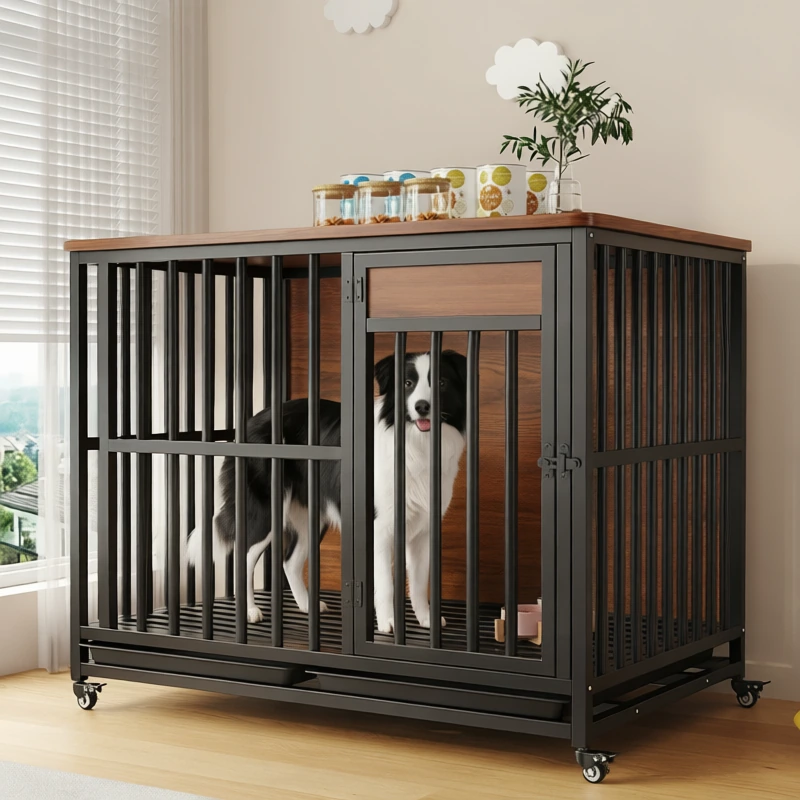 Solid wood pet crate in soft window light
